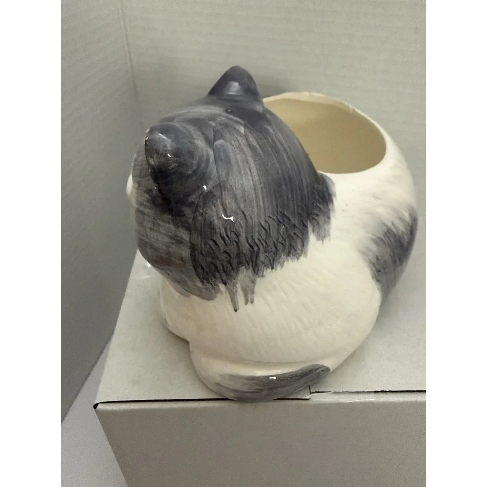 Ceramic Gray & White Cat Planter | Figural Cat Lover Decor | 7